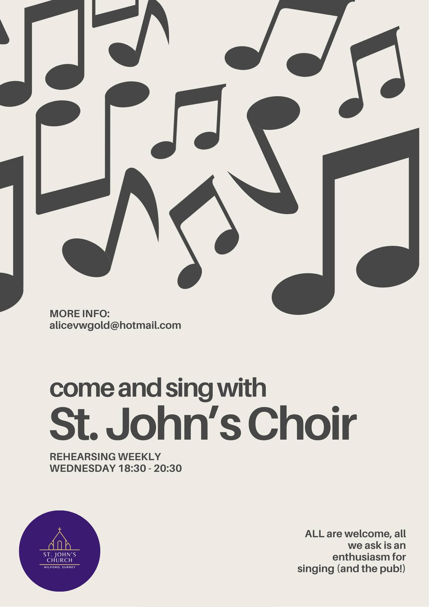 Poster inviting you to sing with St John's Choir rehearsing weekly 18.30-20.30